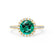 Lavender yellow gold halo shoulder set Chatham round emerald diamond engagement ring Lily Arkwright 