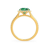 Lavender halo round cut chatham emerald lab diamond engagement ring 18k yellow gold classic shoulder set Lily Arkwright 