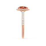 Lavender round cut padparadscha and diamond halo engagement ring rose gold shoulder set Lily Arkwright