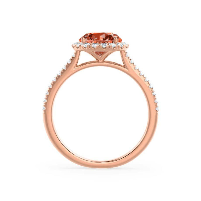 LAVENDER- Chatham Padparadscha & Diamond 18k Rose Gold Petite Halo Engagement Ring Lily Arkwright