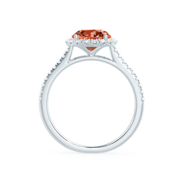 LAVENDER- Chatham Padparadscha & Diamond 18k White Gold Petite Halo Engagement Ring Lily Arkwright