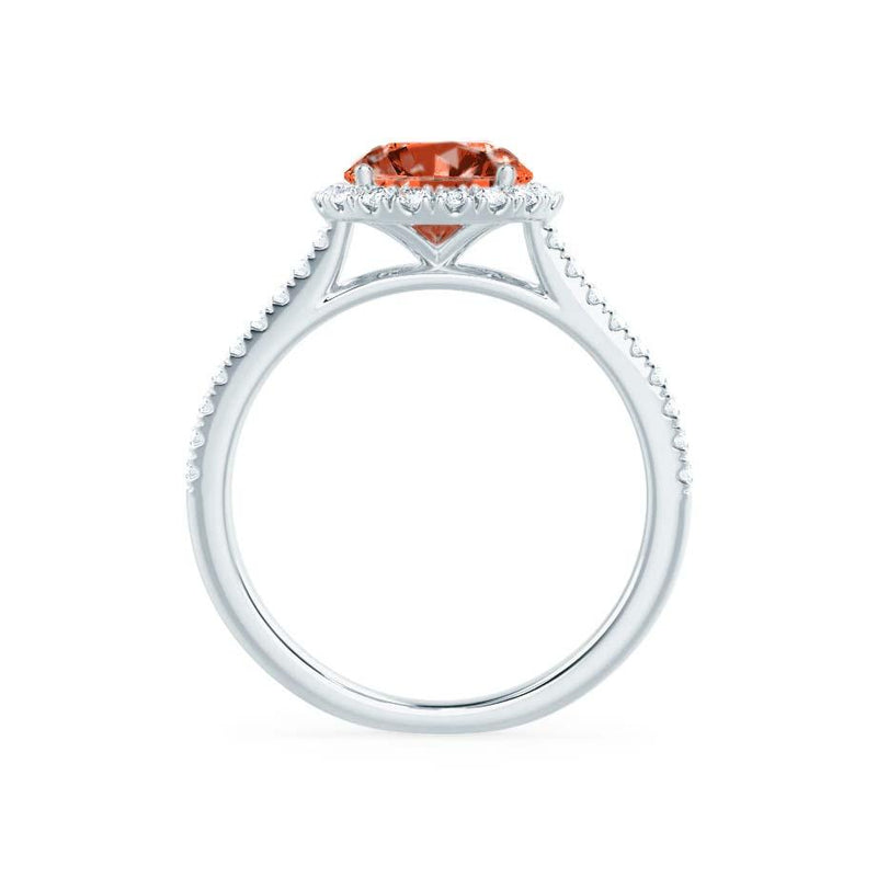 LAVENDER- Chatham Padparadscha & Diamond 950 Platinum Petite Halo Engagement Ring Lily Arkwright