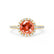 Lavender yellow gold halo shoulder set Chatham round padparadscha diamond engagement ring Lily Arkwright