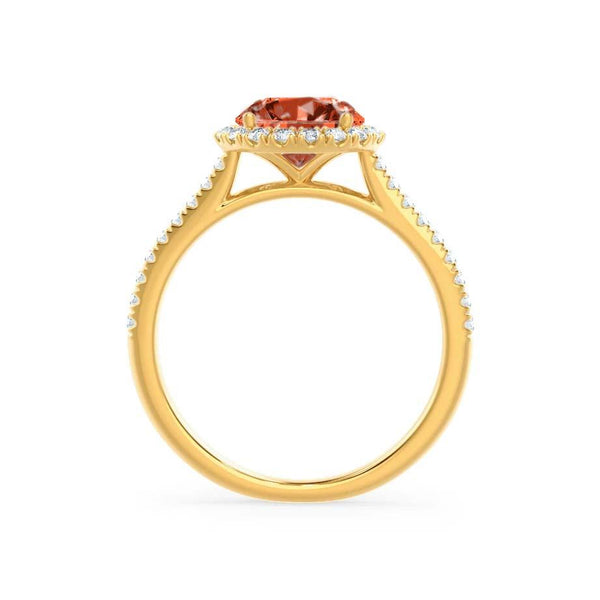 LAVENDER- Chatham Padparadscha & Diamond 18k Yellow Gold Petite Halo Engagement Ring Lily Arkwright