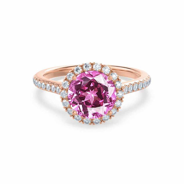 LAVENDER- Chatham Pink Sapphire & Diamond 18k Rose Gold Petite Halo Engagement Ring Lily Arkwright