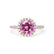 Lavender rose gold halo shoulder set Chatham round pink sapphire diamond engagement ring Lily Arkwright 