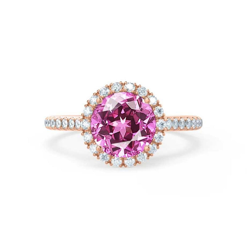 Lavender rose gold halo shoulder set Chatham round pink sapphire diamond engagement ring Lily Arkwright 