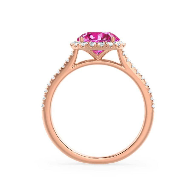 LAVENDER- Chatham Pink Sapphire & Diamond 18k Rose Gold Petite Halo Engagement Ring Lily Arkwright