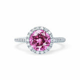LAVENDER- Chatham Pink Sapphire & Diamond 18k White Gold Petite Halo Engagement Ring Lily Arkwright