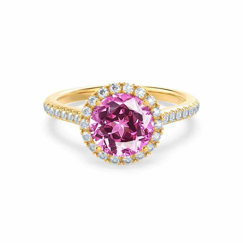 LAVENDER- Chatham Pink Sapphire & Diamond 18k Yellow Gold Petite Halo Engagement Ring Lily Arkwright