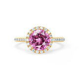 Lavender round gold halo shoulder set Chatham round pink sapphire diamond engagement ring Lily Arkwright 