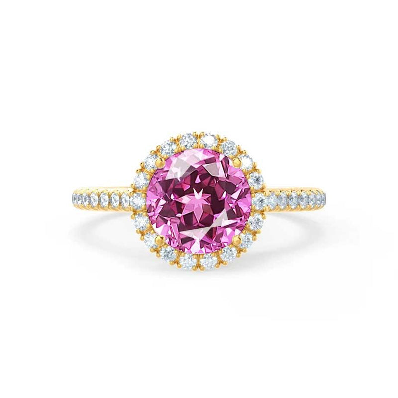 Lavender round gold halo shoulder set Chatham round pink sapphire diamond engagement ring Lily Arkwright 