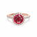 LAVENDER- Chatham Ruby & Diamond 18k Rose Gold Petite Halo Engagement Ring Lily Arkwright