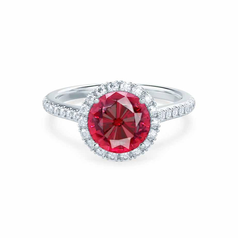 LAVENDER- Chatham Ruby & Diamond 950 Platinum Petite Halo Engagement Ring Lily Arkwright