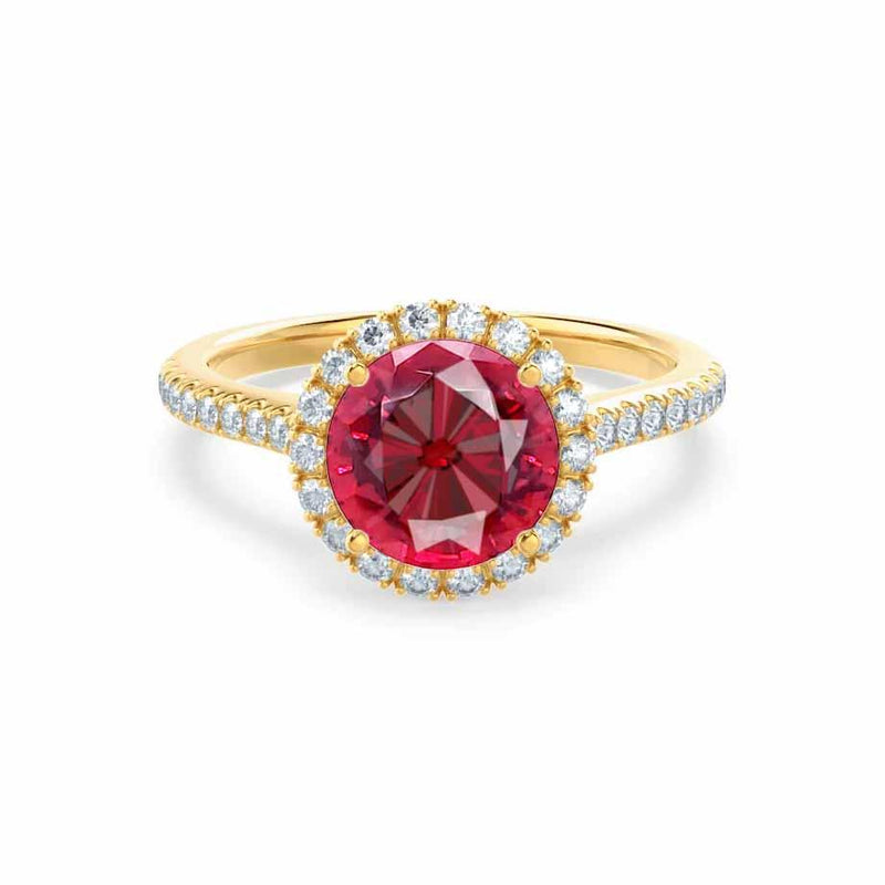 LAVENDER- Chatham Ruby & Diamond 18k Yellow Gold Petite Halo Engagement Ring Lily Arkwright