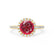 Lavender yellow gold halo shoulder set Chatham round ruby diamond engagement ring Lily Arkwright 