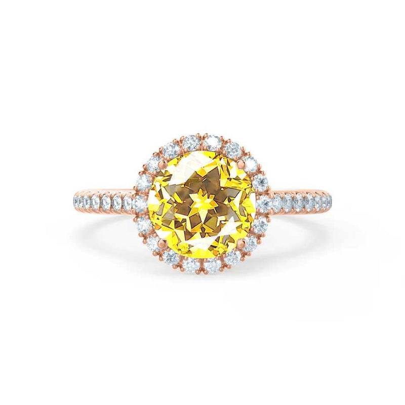 Lavender rose gold halo shoulder set Chatham round moissanite diamond engagement ring Lily Arkwright 