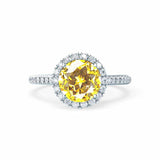 Lavender white gold halo shoulder set Chatham round yellow sapphire diamond engagement ring Lily Arkwright 