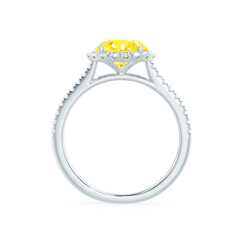Lavender halo round cut Chatham yellow sapphire lab diamond engagement ring 18k white gold classic shoulder set Lily Arkwright 