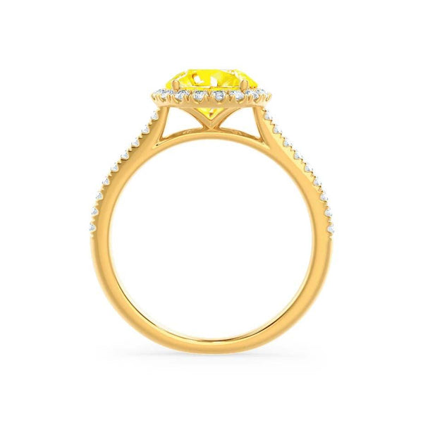 Lavender halo round cut yellow sapphire lab diamond engagement ring 18k yellow gold classic shoulder set Lily Arkwright 
