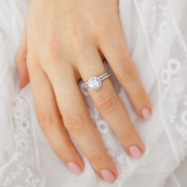 LAVENDER - Round Moissanite & Diamond 18k White Gold Petite Halo Ring Engagement Ring Lily Arkwright