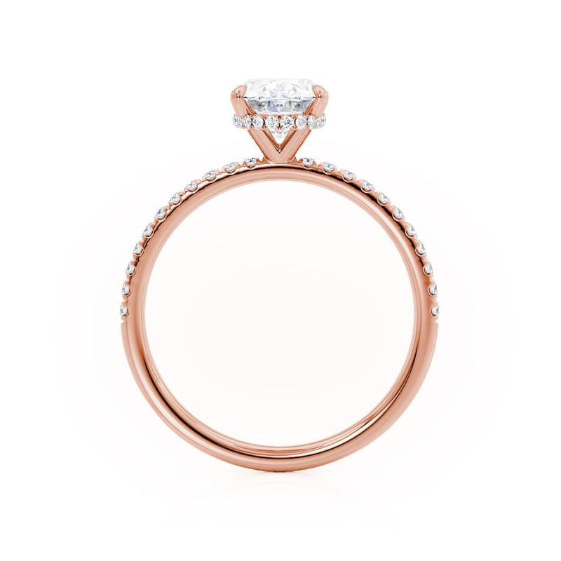 LIVELY - Oval Moissanite & Diamond 18k Rose Gold Petite Hidden Halo Pavé Shoulder Set Ring Engagement Ring Lily Arkwright