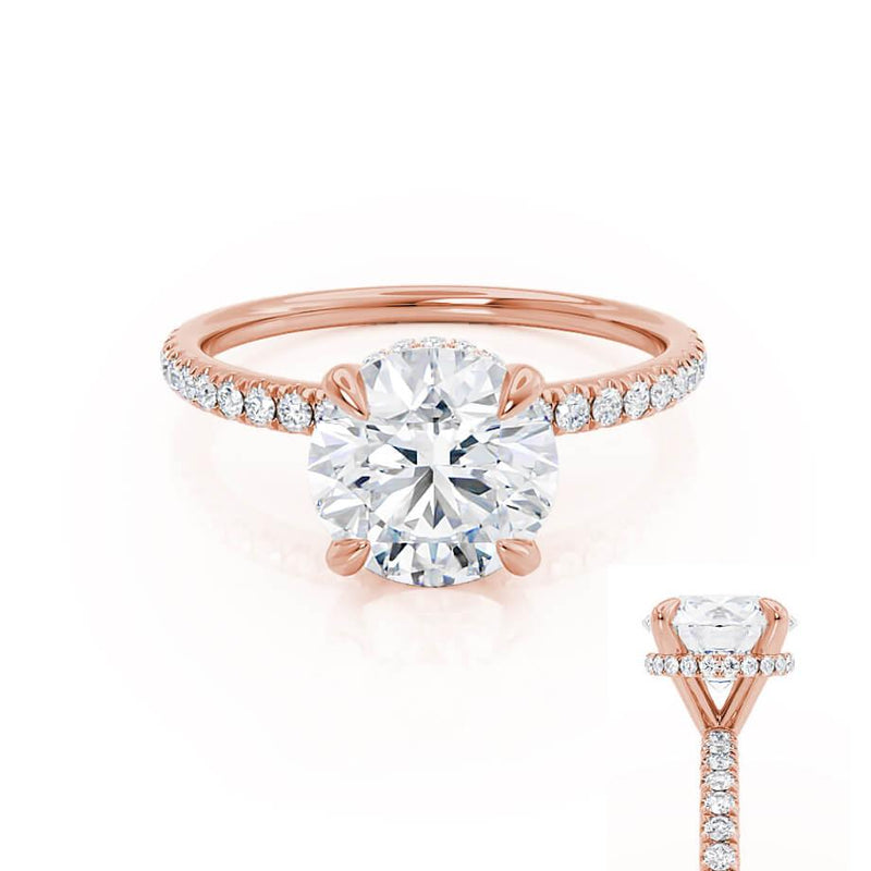 LIVELY - Round Moissanite & Diamond 18k Rose Gold Hidden Halo Micro Pavé Shoulder Set Ring Engagement Ring Lily Arkwright