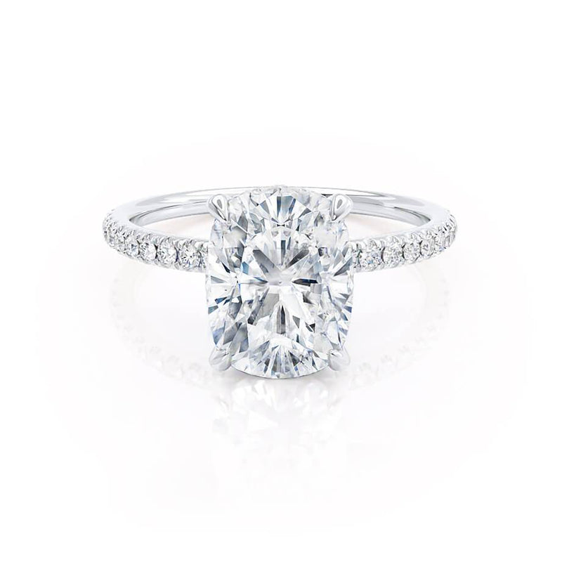 LIVELY - Elongated Cushion Moissanite & Diamond 18k White Gold Petite Hidden Halo Pavé Shoulder Set Ring Engagement Ring Lily Arkwright