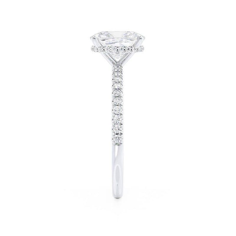 LIVELY - Elongated Cushion Lab Diamond Platinum Petite Hidden Halo Pavé Shoulder Set Engagement Ring Lily Arkwright