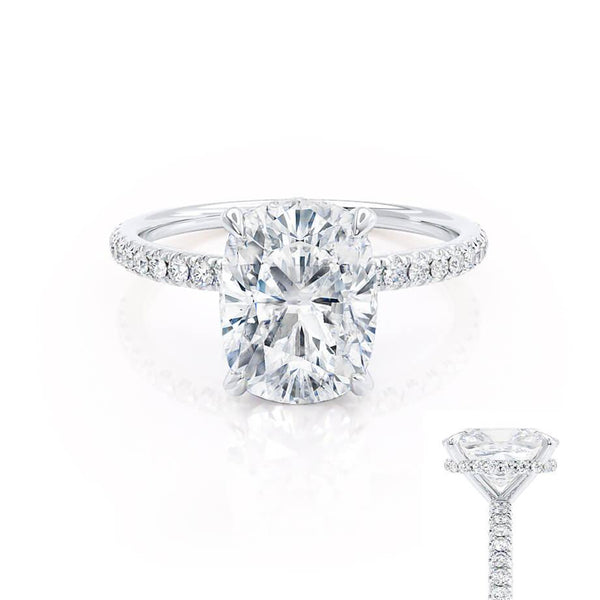 LIVELY - Elongated Cushion Moissanite & Diamond 18k White Gold Petite Hidden Halo Pavé Shoulder Set Ring Engagement Ring Lily Arkwright