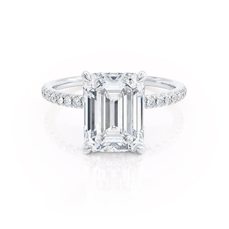 LIVELY - Emerald Lab Diamond & Diamond Platinum Hidden Halo Micro Pavé Shoulder Set Engagement Ring Lily Arkwright
