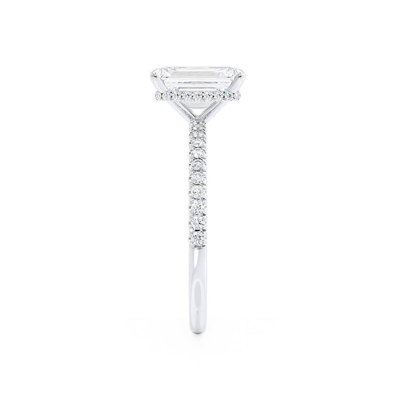 LIVELY - Emerald Lab Diamond & Diamond Platinum Hidden Halo Micro Pavé Shoulder Set Engagement Ring Lily Arkwright