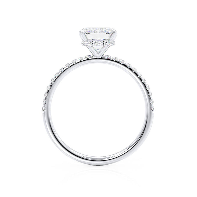 LIVELY - Emerald Moissanite & Diamond 18k White Gold Petite Hidden Halo Pavé Shoulder Set Ring Engagement Ring Lily Arkwright