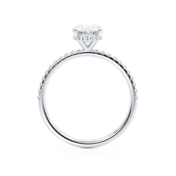 LIVELY - Oval Moissanite & Diamond 18k White Gold Petite Hidden Halo Pavé Shoulder Set Ring Engagement Ring Lily Arkwright