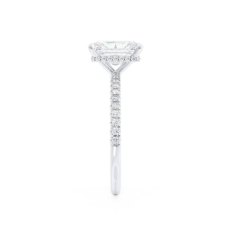 LIVELY - Radiant Moissanite & Diamond Platinum Petite Hidden Halo Pavé Shoulder Set Ring Engagement Ring Lily Arkwright