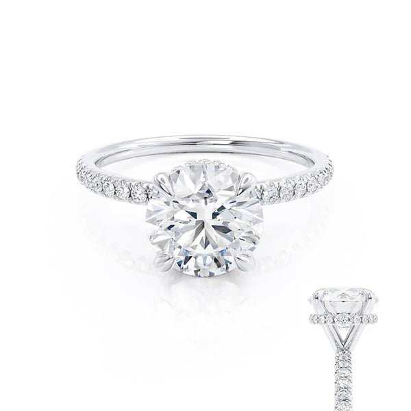 LIVELY - Round Moissanite & Diamond 18k White Gold Petite Hidden Halo Pavé Shoulder Set Ring Engagement Ring Lily Arkwright
