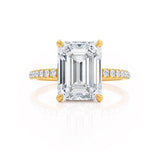 LIVELY - Emerald Lab Diamond & Diamond 18k Yellow Gold Hidden Halo Micro Pavé Shoulder Set Engagement Ring Lily Arkwright