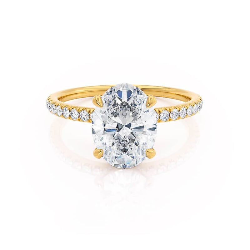 LIVELY - Oval Moissanite & Diamond 18k Yellow Gold Petite Hidden Halo Pavé Shoulder Set Ring Engagement Ring Lily Arkwright