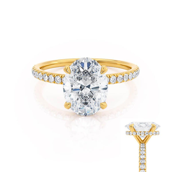 LIVELY - Oval Moissanite & Diamond 18k Yellow Gold Petite Hidden Halo Pavé Shoulder Set Ring Engagement Ring Lily Arkwright