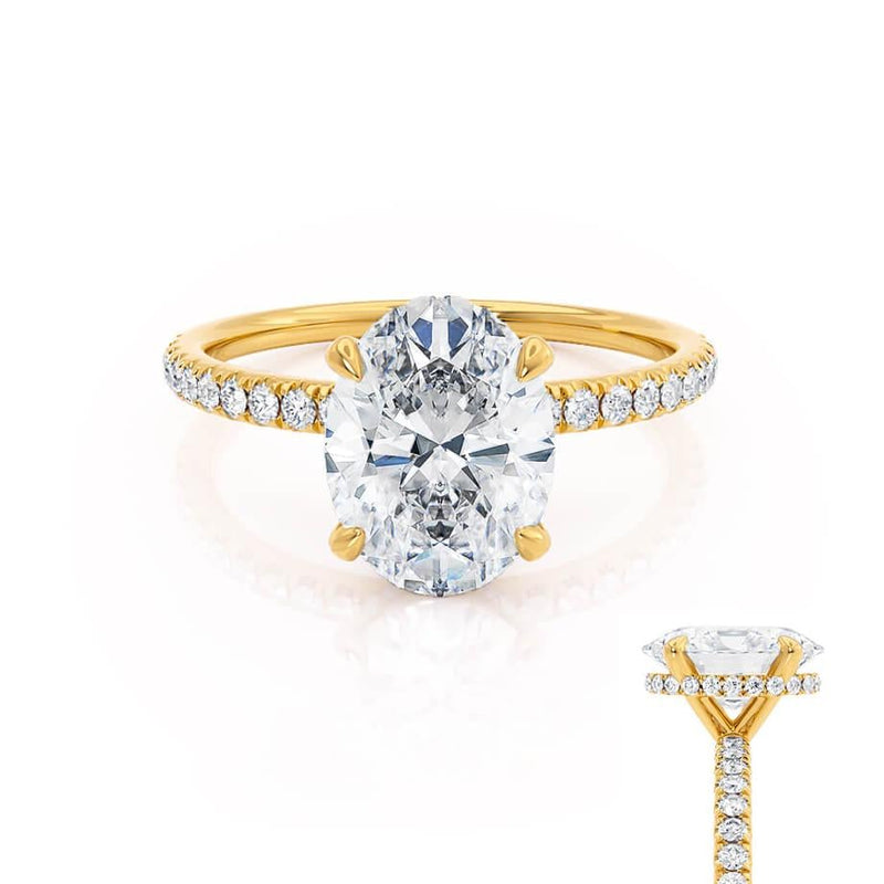 LIVELY - Oval Lab Diamond 18k Yellow Gold Petite Hidden Halo Pavé Shoulder Set Engagement Ring Lily Arkwright
