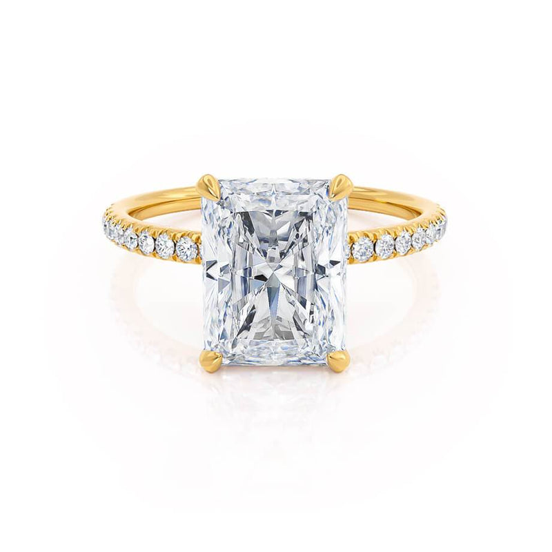 LIVELY - Radiant Moissanite & Diamond 18k Yellow Gold Petite Hidden Halo Pavé Shoulder Set Ring Engagement Ring Lily Arkwright