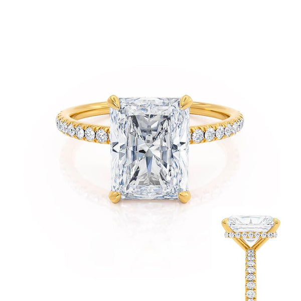 LIVELY - Radiant Moissanite & Diamond 18k Yellow Gold Petite Hidden Halo Pavé Shoulder Set Ring Engagement Ring Lily Arkwright