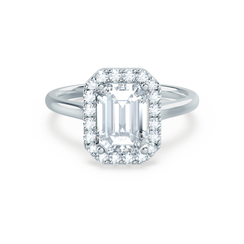EVALINA - Emerald Moissanite & Diamond 18k White Halo Ring Engagement Ring Lily Arkwright