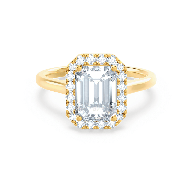 EVALINA - Emerald Moissanite & Diamond 18k Yellow Halo Ring Engagement Ring Lily Arkwright