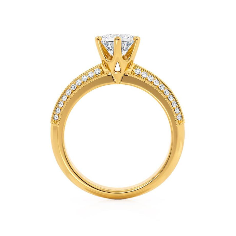 VICTORIA - Round Moissanite & Diamond 18k Yellow Gold Shoulder Set Ring Engagement Ring Lily Arkwright
