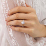 LIVELY - Elongated Cushion Moissanite & Diamond 18k Rose Gold Petite Hidden Halo Pavé Shoulder Set Ring Engagement Ring Lily Arkwright