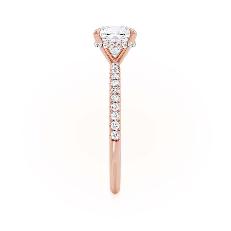 LIVELY - Cushion Moissanite & Diamond 18k Rose Gold Hidden Halo Micro Pavé Shoulder Set Engagement Ring Lily Arkwright