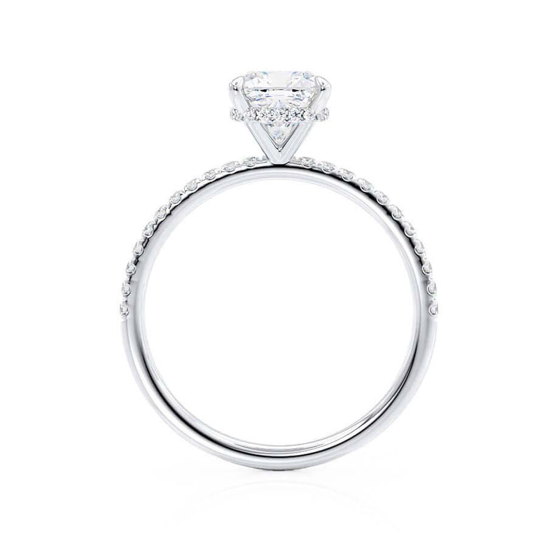 LIVELY - Cushion Lab Diamond Platinum Petite Hidden Halo Pavé Shoulder Set Engagement Ring Lily Arkwright