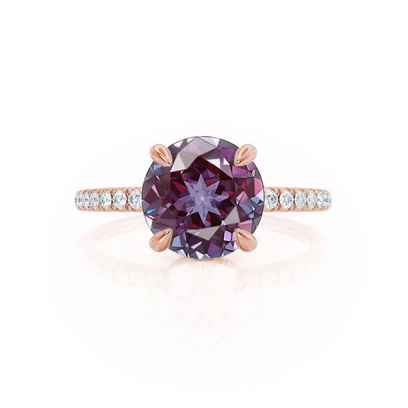 LIVELY - Chatham® Round Alexandrite 18k Rose Gold Petite Hidden Halo Pavé Shoulder Set Ring Engagement Ring Lily Arkwright