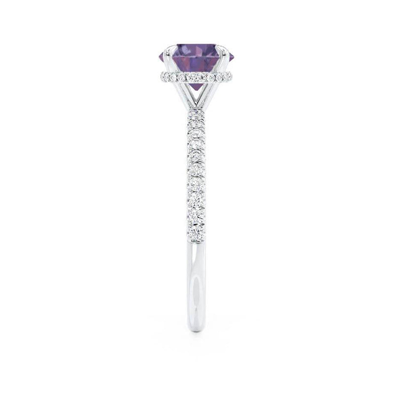 Lively brilliant round cut alexandrite and diamond engagement ring platinum shoulder set Lily Arkwright 